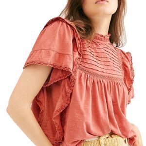 Free People Le Femme Top Babydoll XS Sun washed red ruffle BOHO Peasant blouse
